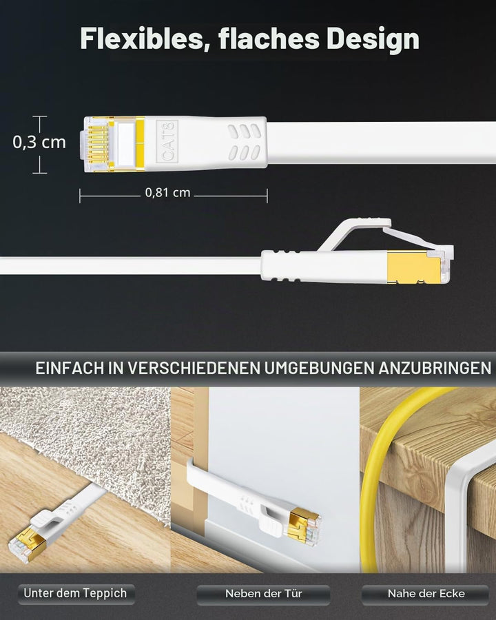 HUGIN Cat 8 LAN Kabel 15M, 40Gbps 2000MHz Hochgeschwindigkeits Netzwerkkabel Flach, Gigabit RJ45 POE