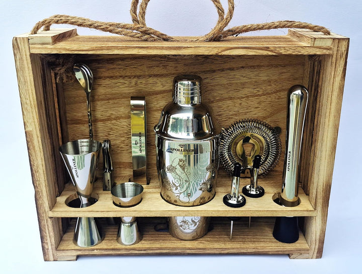 apolliner, Cocktailshaker, Professional Cocktail Shaker Set, Stainless Steel, 16 Pieces, Wooden Carr
