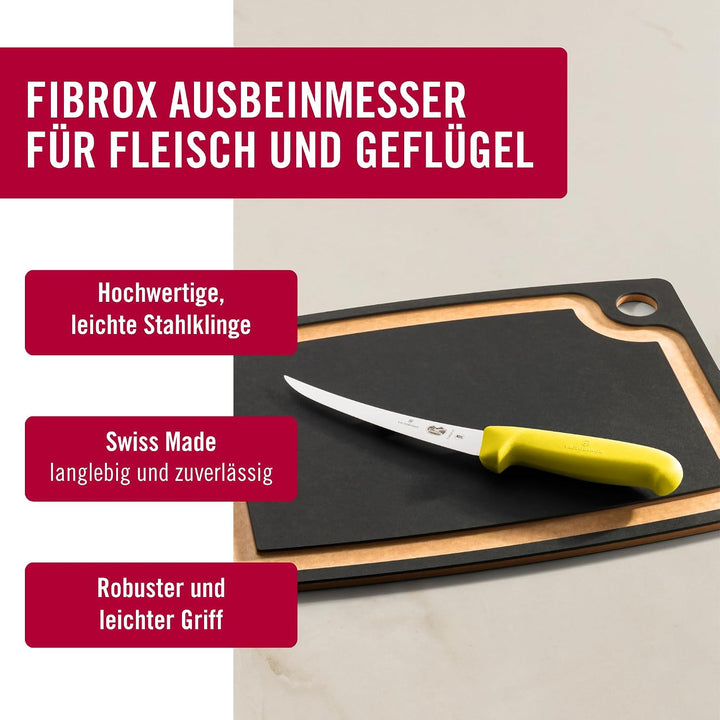 Victorinox Fibrox Ausbeinmesser, Scharfes Küchenmesser für Fleisch und Fisch, 15 cm, Gebogene Klinge