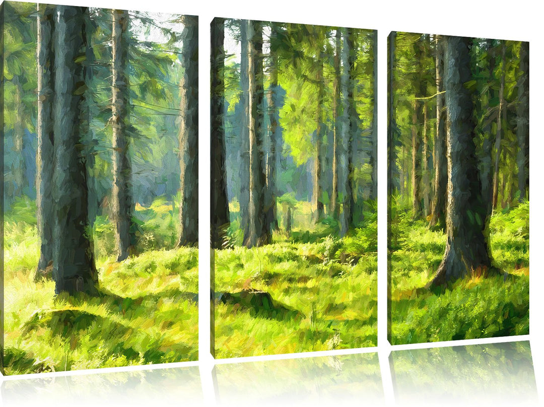 Pixxprint sonniger Tag im Wald / 3-Teilig/Gesamtmass 120cm Leinwandbild bespannt auf Holzrahmen/Wand