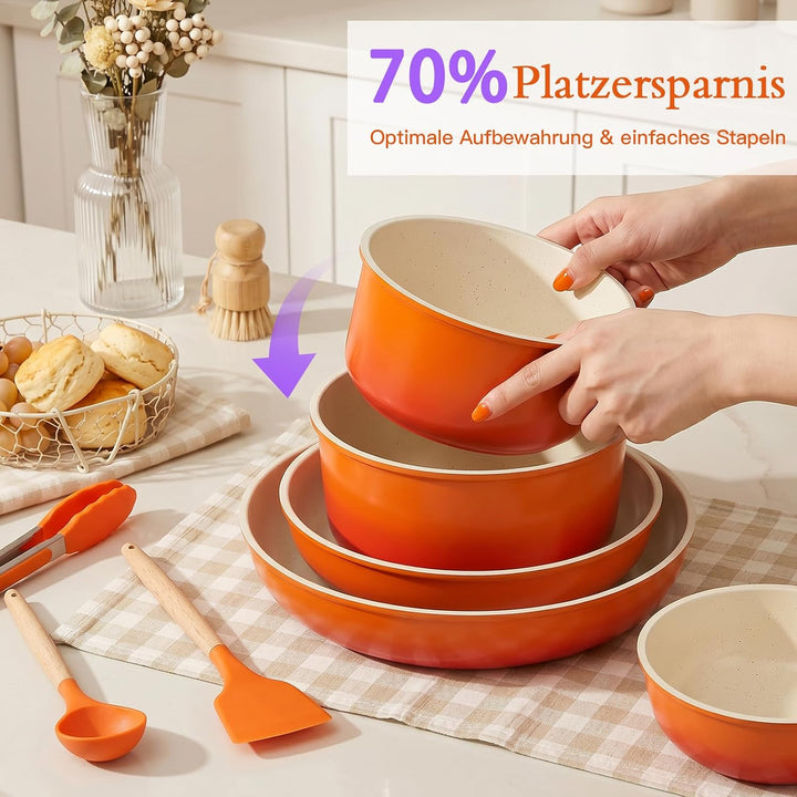 GiPP 21PCS Granit Topfset mit Abnehmbarer Griff,Induktions Topfsets Oranger Farbverlauf 21PCS-Gross,