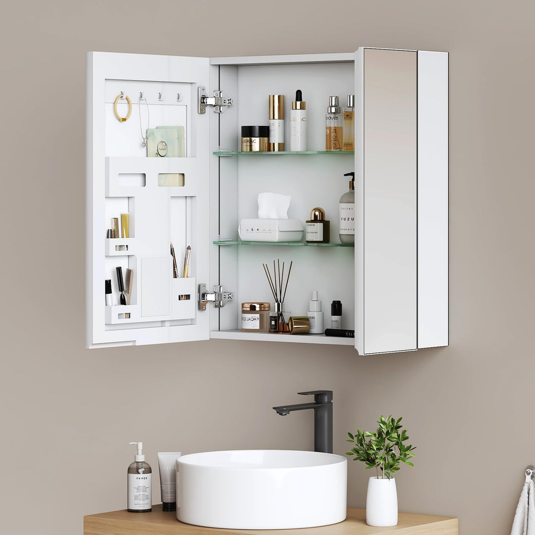 EMKE Spiegelschrank Bad 60×65×14,5 cm aus Aluminium, Weiss Matt, Doppeltür mit Aufbewahrung, 2 verst