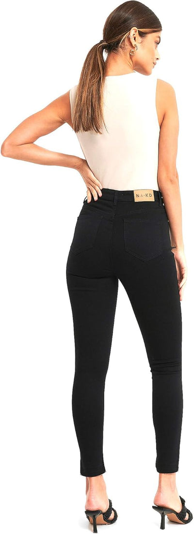 NA-KD Damen Skinny High Waist Open Hem Jeans, Schwarz