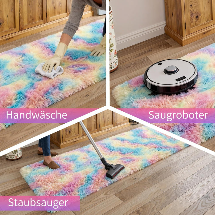 VOFUSHON Wohnzimmer Hochflor Teppich,Shaggy Flur Läufer Teppich Modern Flauschiger Weich Bunte Batik
