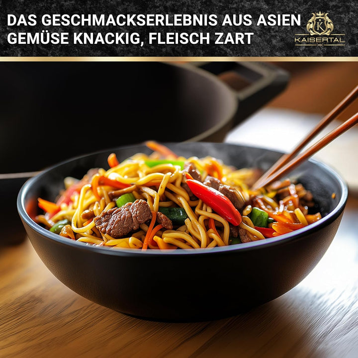 KAISERTAL® Gusseisen Wokpfanne Induktion | 32cm Ø Wokpfanne ohne Deckel | Wok mit Flachboden | Vorei