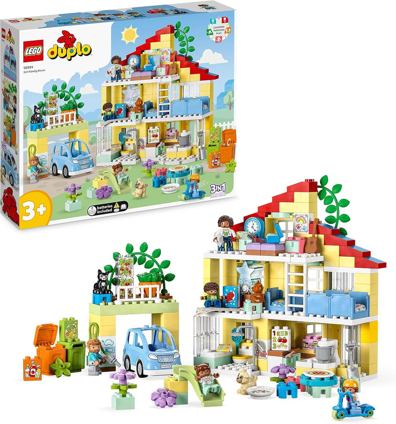 LEGO DUPLO 3-in-1-Familienhaus, Puppenhaus aus Bausteinen mit Push&Go Auto, 5 Figuren, 2 Tieren und