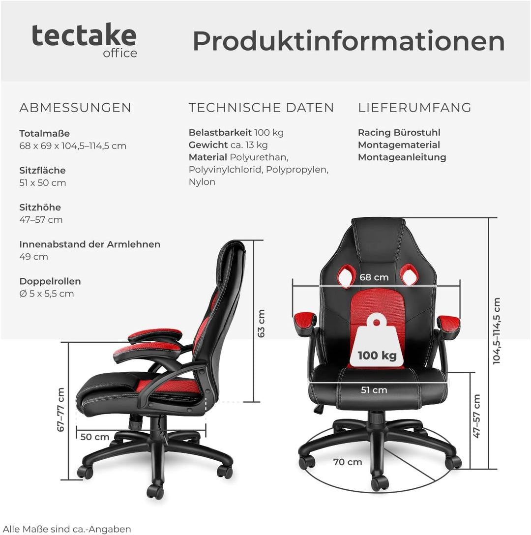 tectake® Racing Bürostuhl, Gaming Stuhl mit Wippfunktion, Chefsessel, Drehstuhl mit Rollen, höhenver