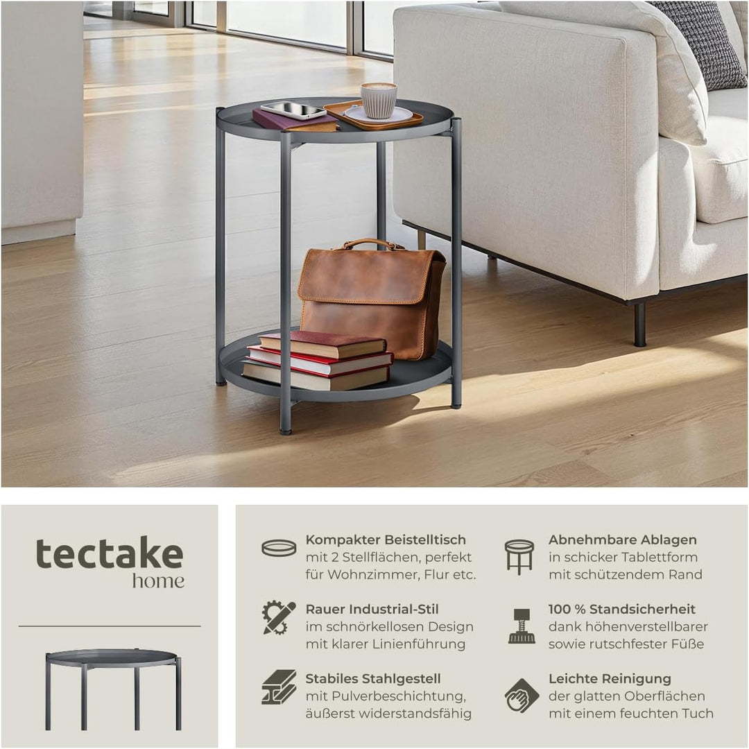 tectake 800913 Beistelltisch rund aus Metall, abnehmbare Tabletts, Couchtisch mit Zwei Ebenen, rusti