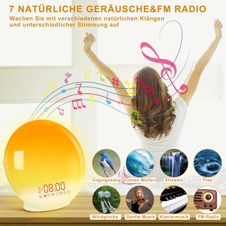 Cadrim Weckerlampen, FM-Radio, Wecker, Dual-Alarm, 7 Farben, 8 Arten von Klingeltönen, Snooze-Funkti