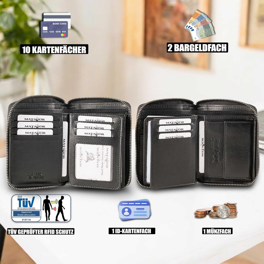 MATADOR® Granada Leder Geldbörse Herren mit Reissverschluss Schwarz TüV geprüfter RFID & NFC Schutz