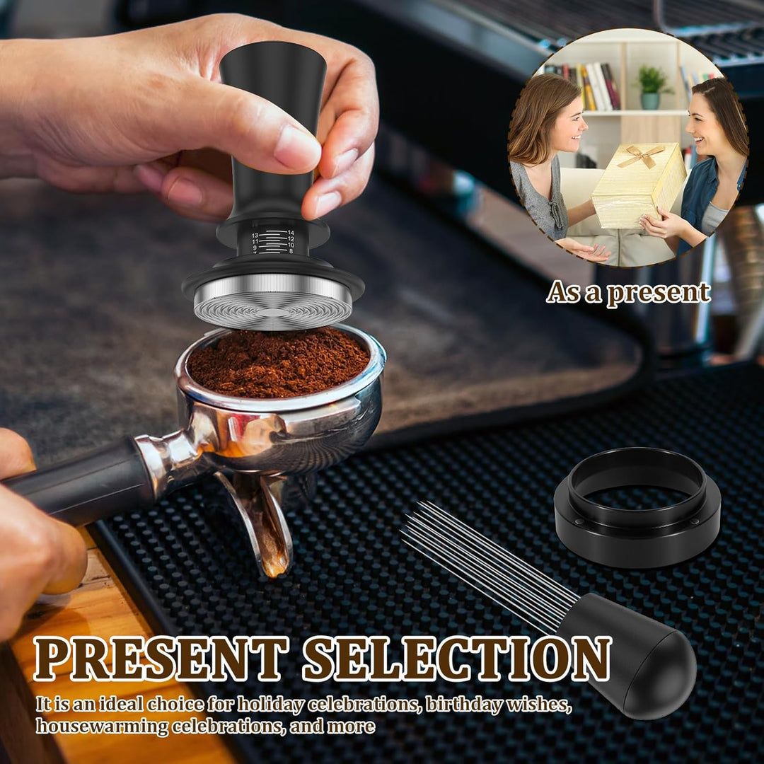 Espresso Tamper Set 51mm mit Espresso Nadel, Kaffee Tamper mit Distributor Tampermatte, Dosierring 5