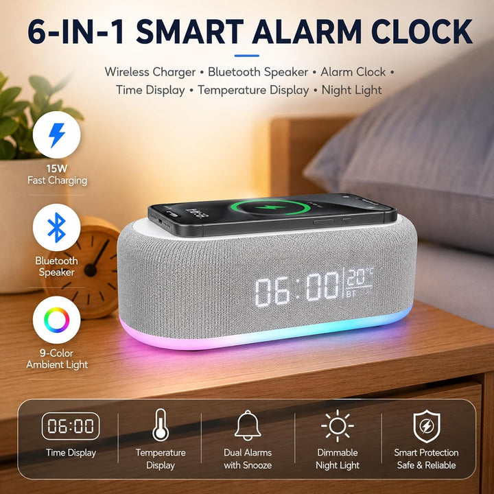 BYZESTY Radiowecker mit kabellosem Laden 15 W, Digitaler Radiowecker, Bluetooth, 6 in 1, mit Nachtli