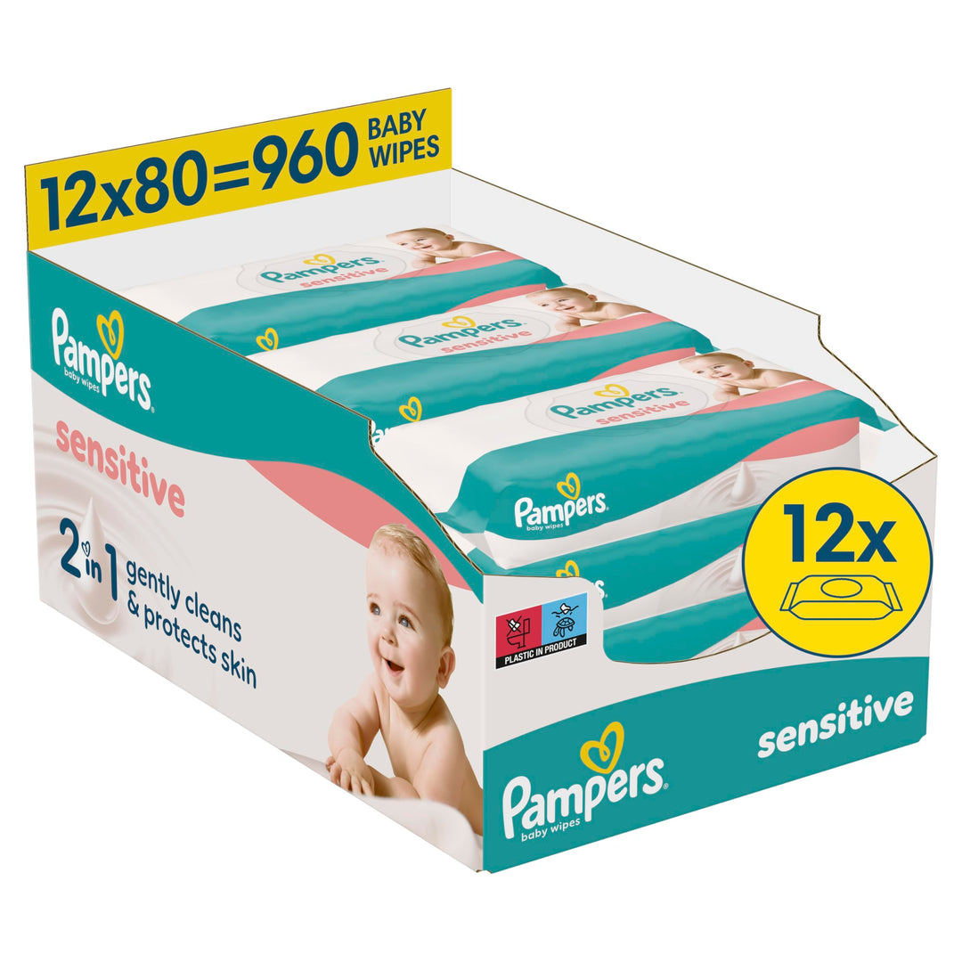 Pampers Sensitive Baby-Feuchttücher, 12 Packungen mit 80 Feuchttüchern = 960 Baby-Feuchttücher, 2-in