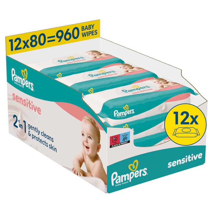 Pampers Sensitive Baby-Feuchttücher, 12 Packungen mit 80 Feuchttüchern = 960 Baby-Feuchttücher, 2-in