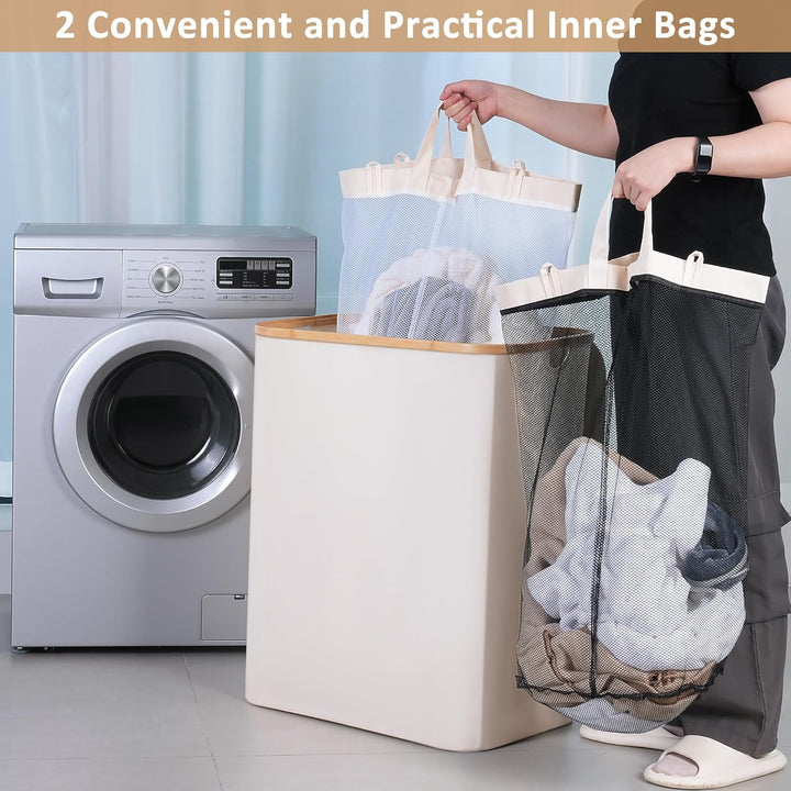 iEGrow Wäschekorb150L XL-Extra Gross 2 Fächer Wäschesammler mit Bambusgriff und Deckel, Laundry Bask