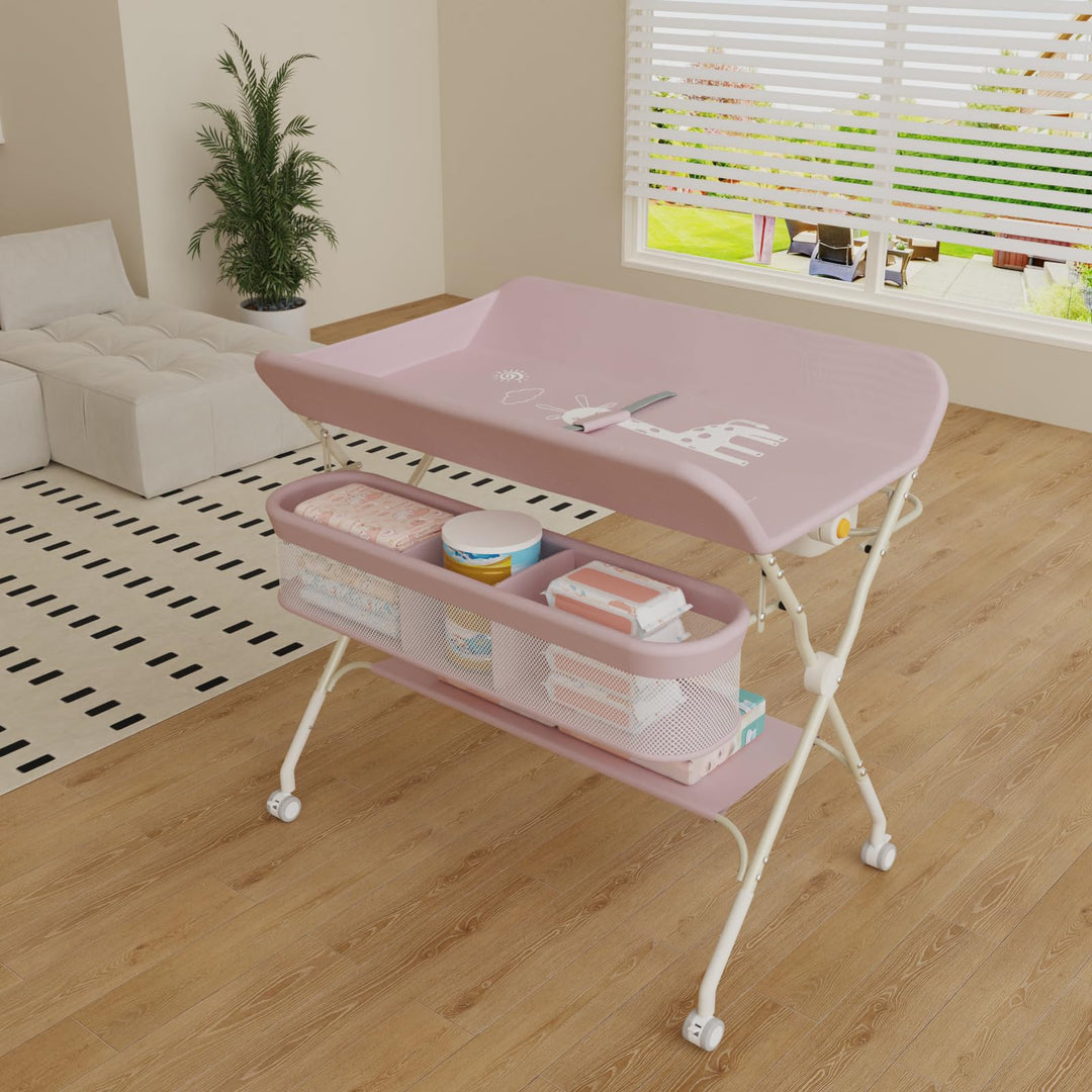 OHMG klappbare Wickelkommode Wickeltisch, Baby Wickelkombi, mit Wickelauflage Sicherheitsgurt und Ab