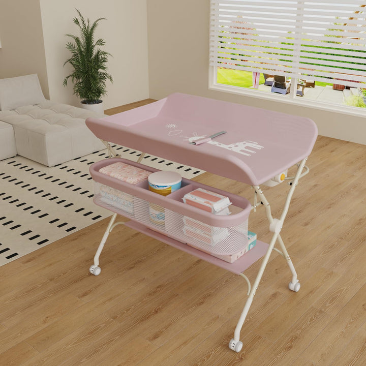 OHMG klappbare Wickelkommode Wickeltisch, Baby Wickelkombi, mit Wickelauflage Sicherheitsgurt und Ab