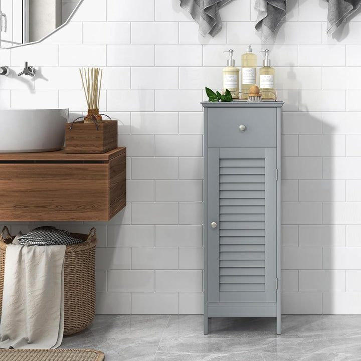 GOPLUS Badzimmerschrank mit Schublade, Badschrank schmal mit Lamellentür &amp; verstellbarem Regal, Aufb