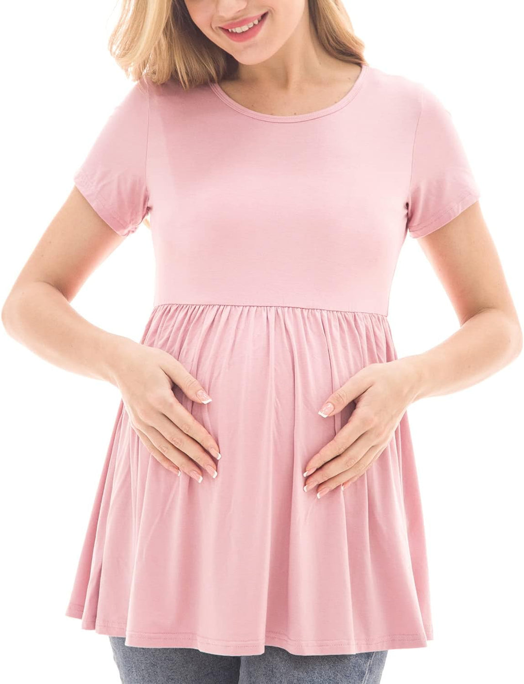 Bearsland Maternity Tops Short Sleeve Scoop Neck Breastfeeding T-Shirt Pregnancy Clothes S Gray Gree
