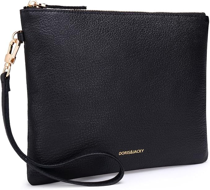 Doris&Jacky Damen Echtes Leder Clutch Schaffell Geldbörse Abendtasche mit Handschlaufe Braun-ziegenf