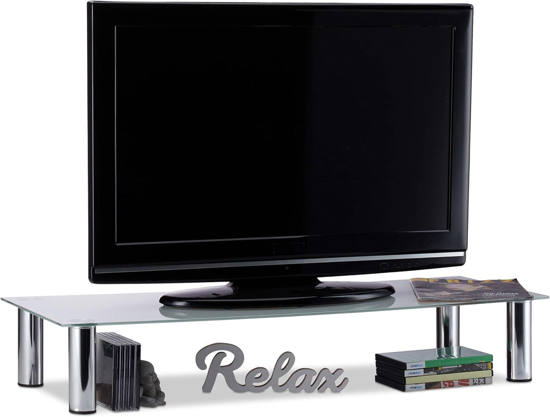 Relaxdays, weiss/Silber TV-Tisch Glas, verchromte Metallbeine, Bildschirmerhöhung, rechteckig, Glasa