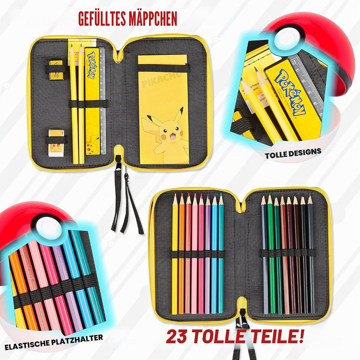 Pokemon Federmäppchen Gross, Gefüllte Federmappe Jungen mit Schreibwaren Set - Pikachu Geschenke für