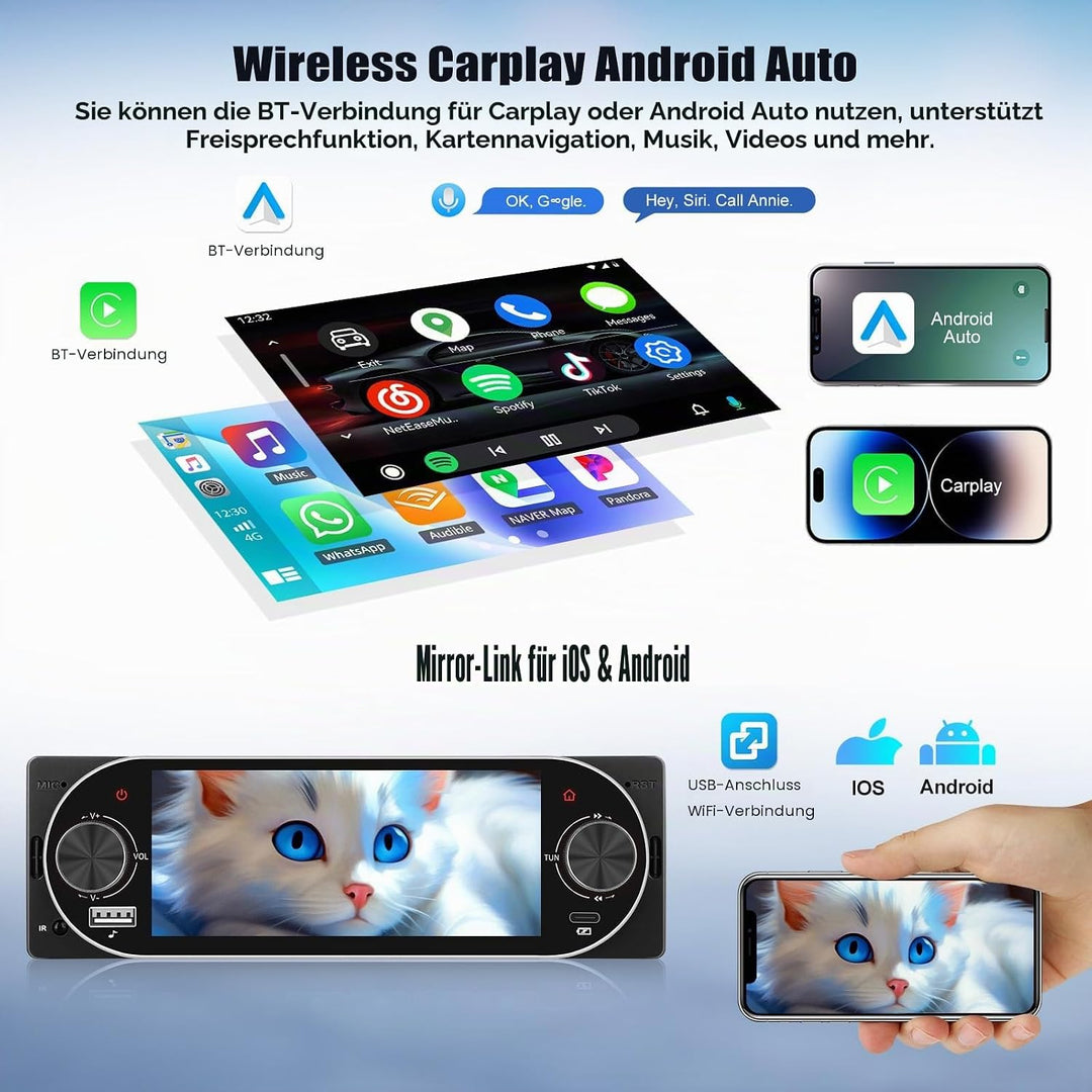 CAMECHO Autoradio 1 Din Wireless Carplay Android Auto Radio Bluetooth 5.2 mit Rückfahrkamera, 5.1 Zo