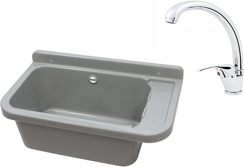 Waschbecken Ausgussbecken mit Armatur 59 cm x 34 cm x 21 cm Spülbecken Waschtrog mit Überlauf Waschb