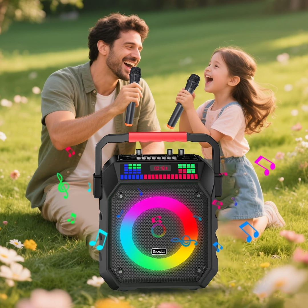 Karaoke Maschine mit 2 Mikrofone, Tragbaren Bluetooth Lautsprecher Box für Erwachsene/Kinder mit Lic