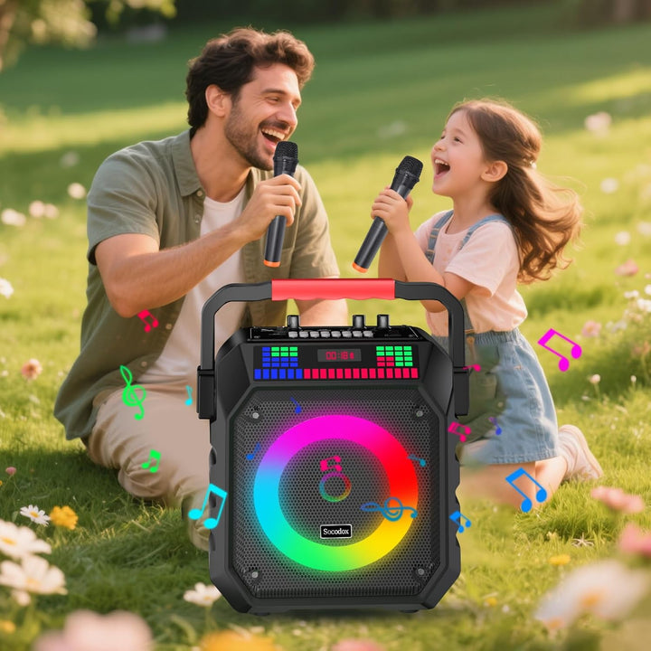 Karaoke Maschine mit 2 Mikrofone, Tragbaren Bluetooth Lautsprecher Box für Erwachsene/Kinder mit Lic