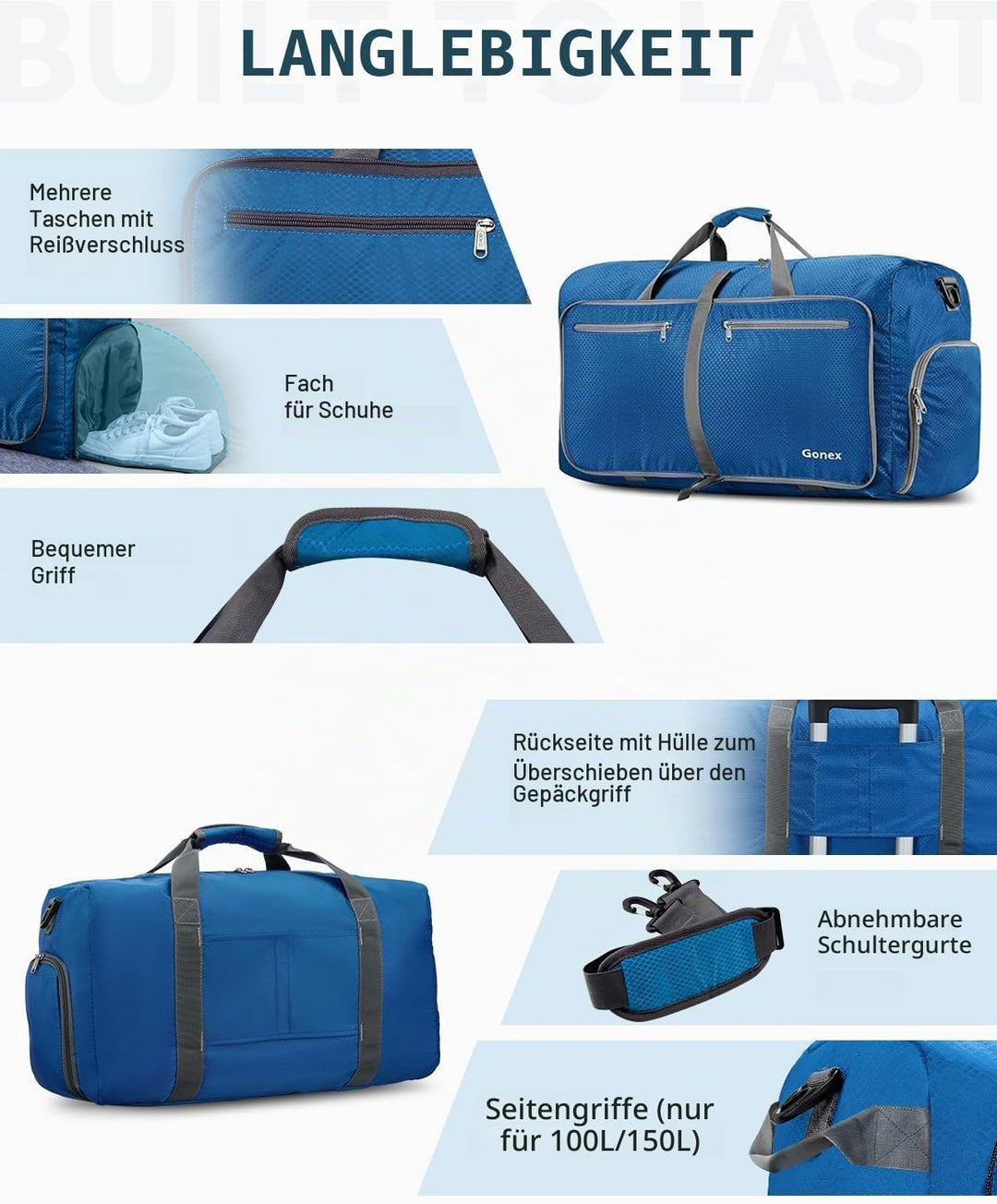 Gonex Faltbares Reisegepäck Leicht 40/60/80/100/150L Grosse Reisetasche Sporttasche für Reise Gym Ur