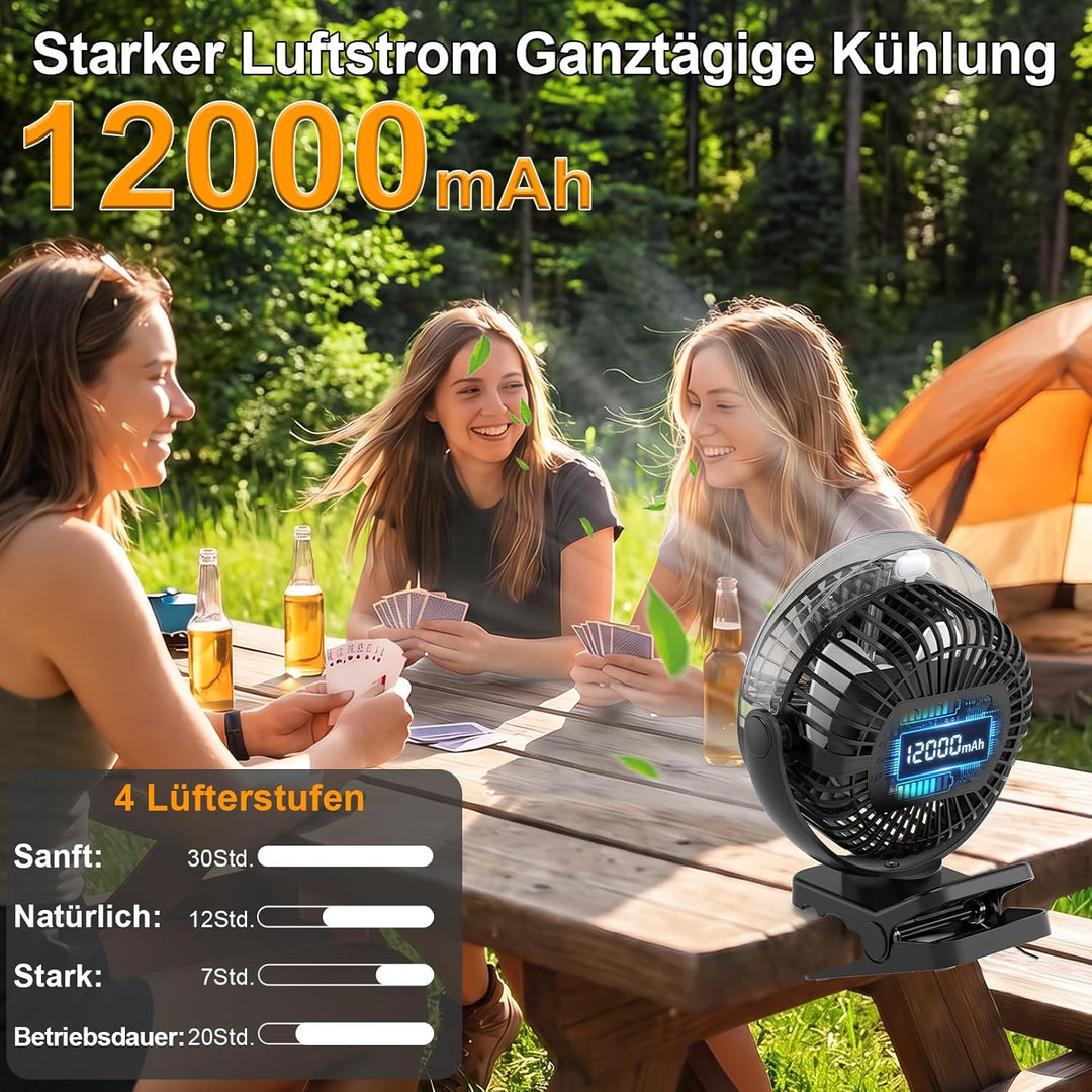 ELZO 12000mAh Campingventilator, USB-Tischventilator mit LED-Licht & Sprühfunktion, Aufhängehaken un