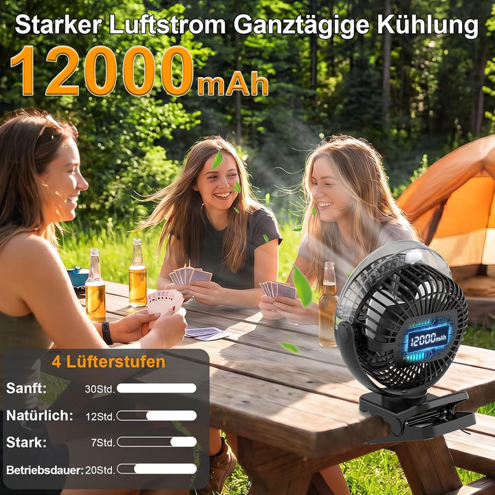 ELZO 12000mAh Campingventilator, USB-Tischventilator mit LED-Licht & Sprühfunktion, Aufhängehaken un