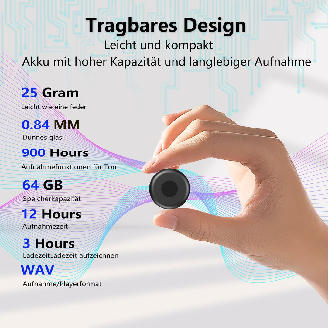 Diktiergerät Mini,64 GB Speicher Diktiergerät | Aufnahmegerät, Wiederaufladbar Über USB, Sprachaktiv