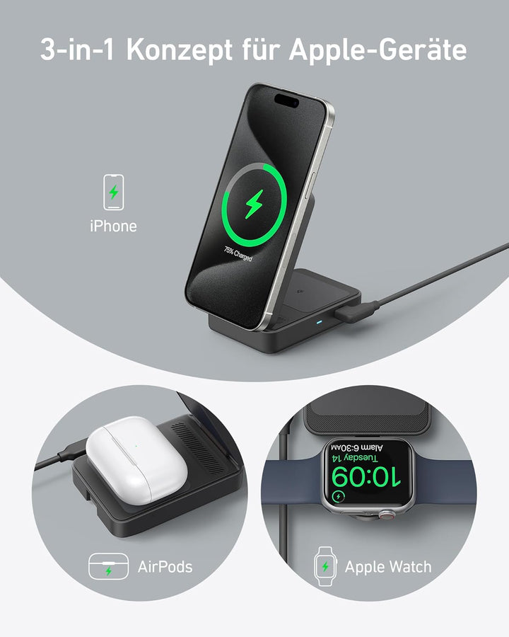 Anker MagGo 3-in-1 Ladestation, Qi2 zertifizierter 15W kabelloser Ladeständer, MagSafe kompatibel, A
