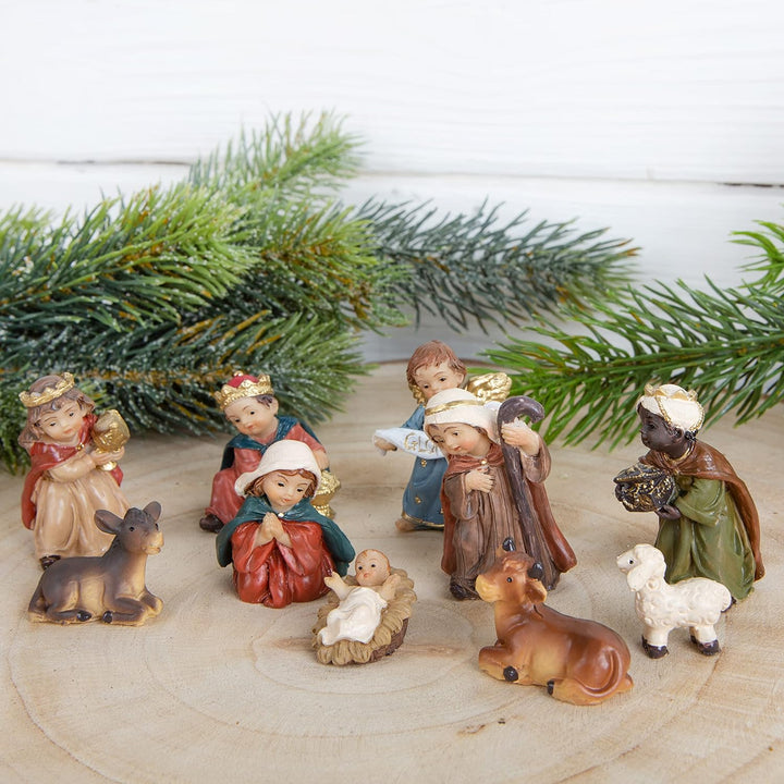 Logbuch-Verlag kleine Weihnachtskrippe Tischkrippe mit 10 Krippen Figuren 2,5 - 5,5 cm - Krippenfigu