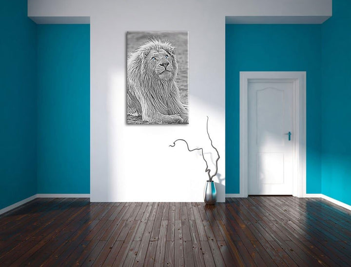 anmutiger weisser Löwe schwarz/weiss Deluxe Format: 100x70 cm auf Leinwand, XXL riesige Bilder ferti