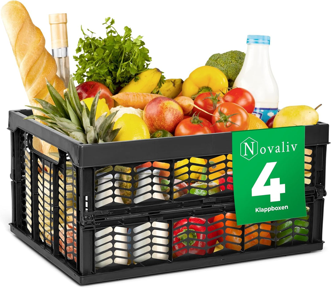 Novaliv Klappboxen faltbar stabil | 4x 30L Schwarz Schwarz baskets Einkaufskiste| Klappkisten Set Tr