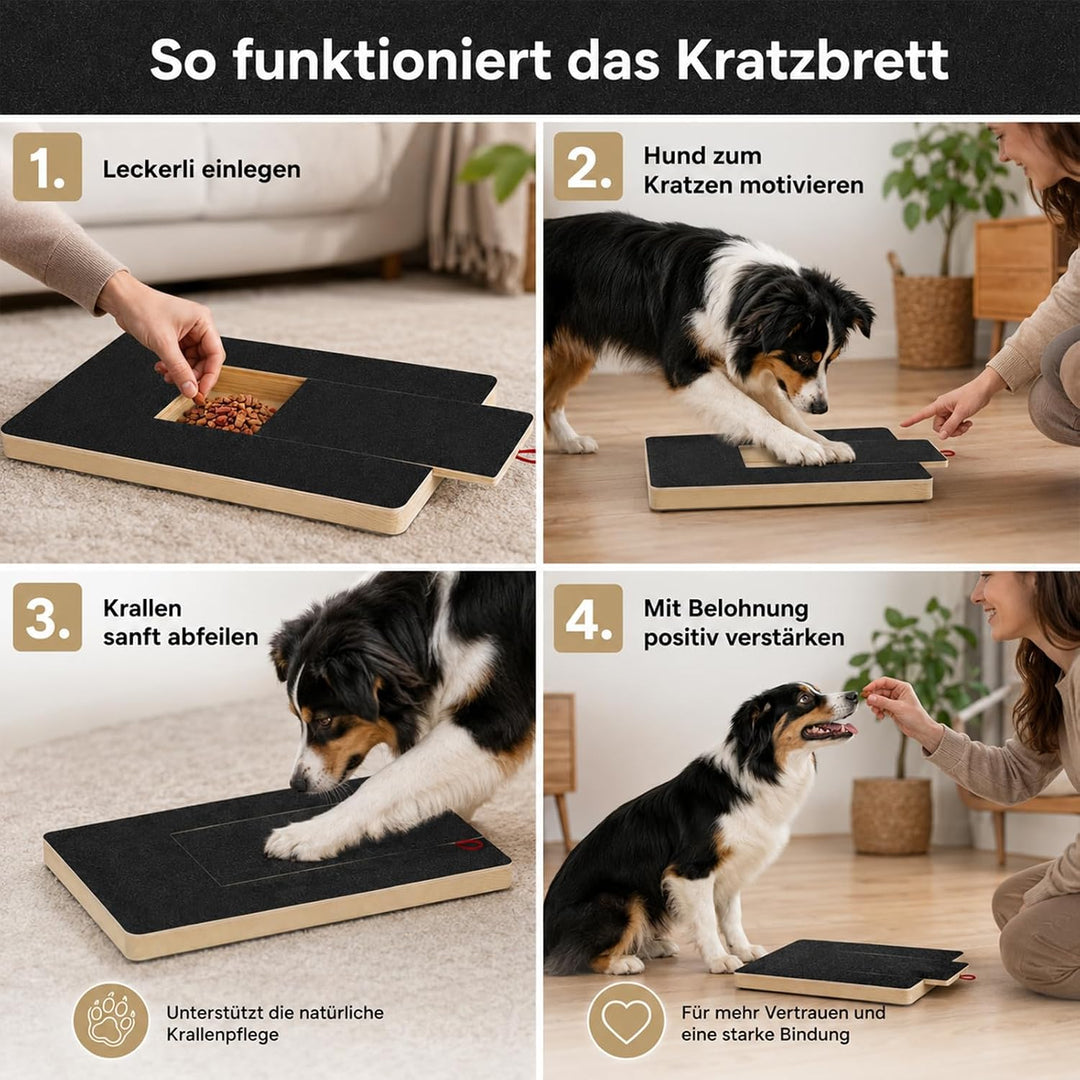 Krallenschleifer für Hunde, Holz Kratzbrett 35x25x3cm mit Leckerlibox | mit 2 Schleifpapieren, stres