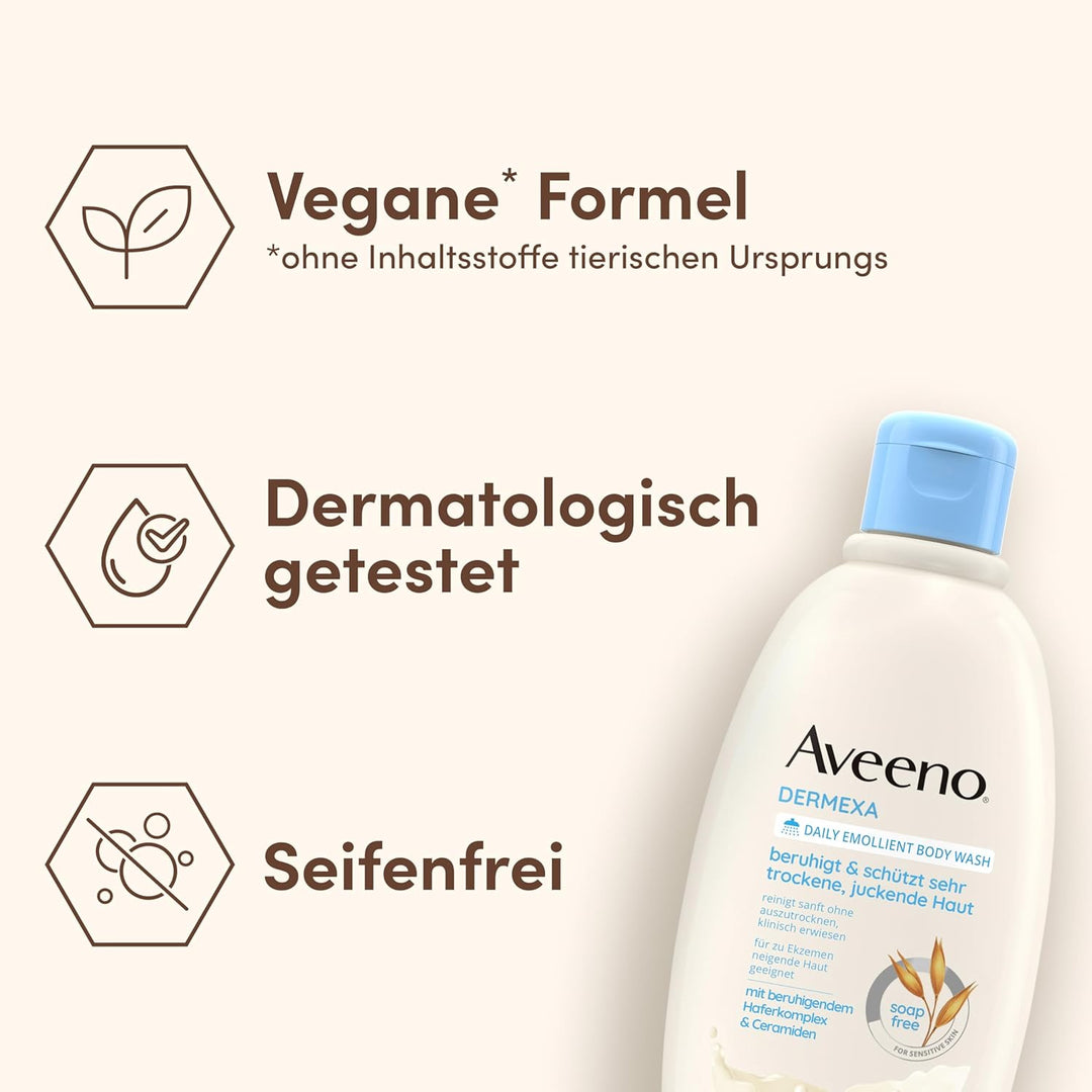 Aveeno Dermexa vegane Duschcreme seifenfreie Pflegedusche 300ml mit beruhigendem Haferkomplex für se