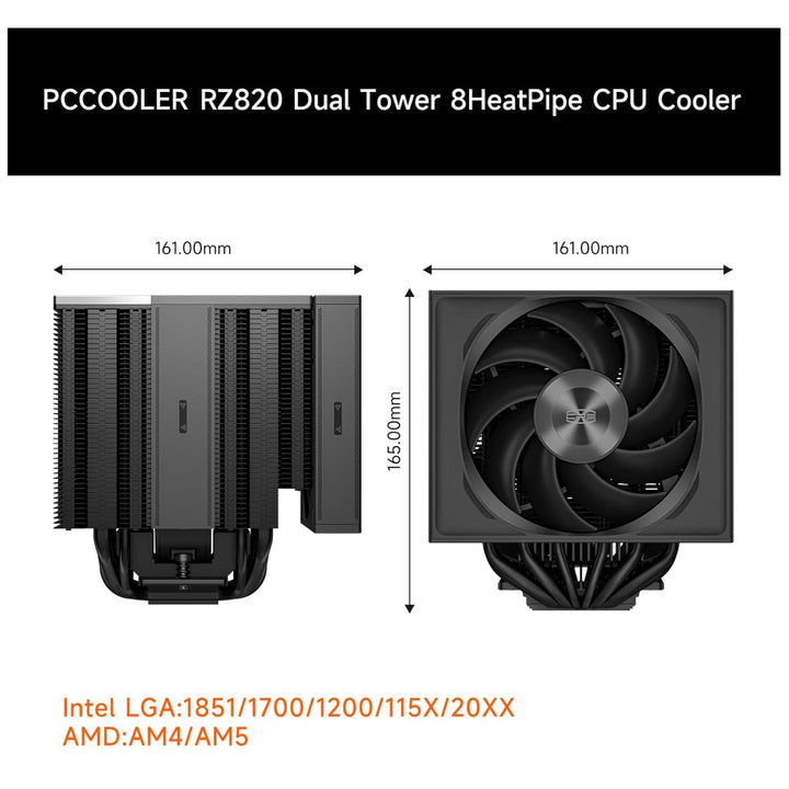 PCCOOLER CPS RZ820 CPU Kühler, 290W Dual Tower CPU-Luftkühler, 8 Heatpipes CPU Kühlung mit drei Modi