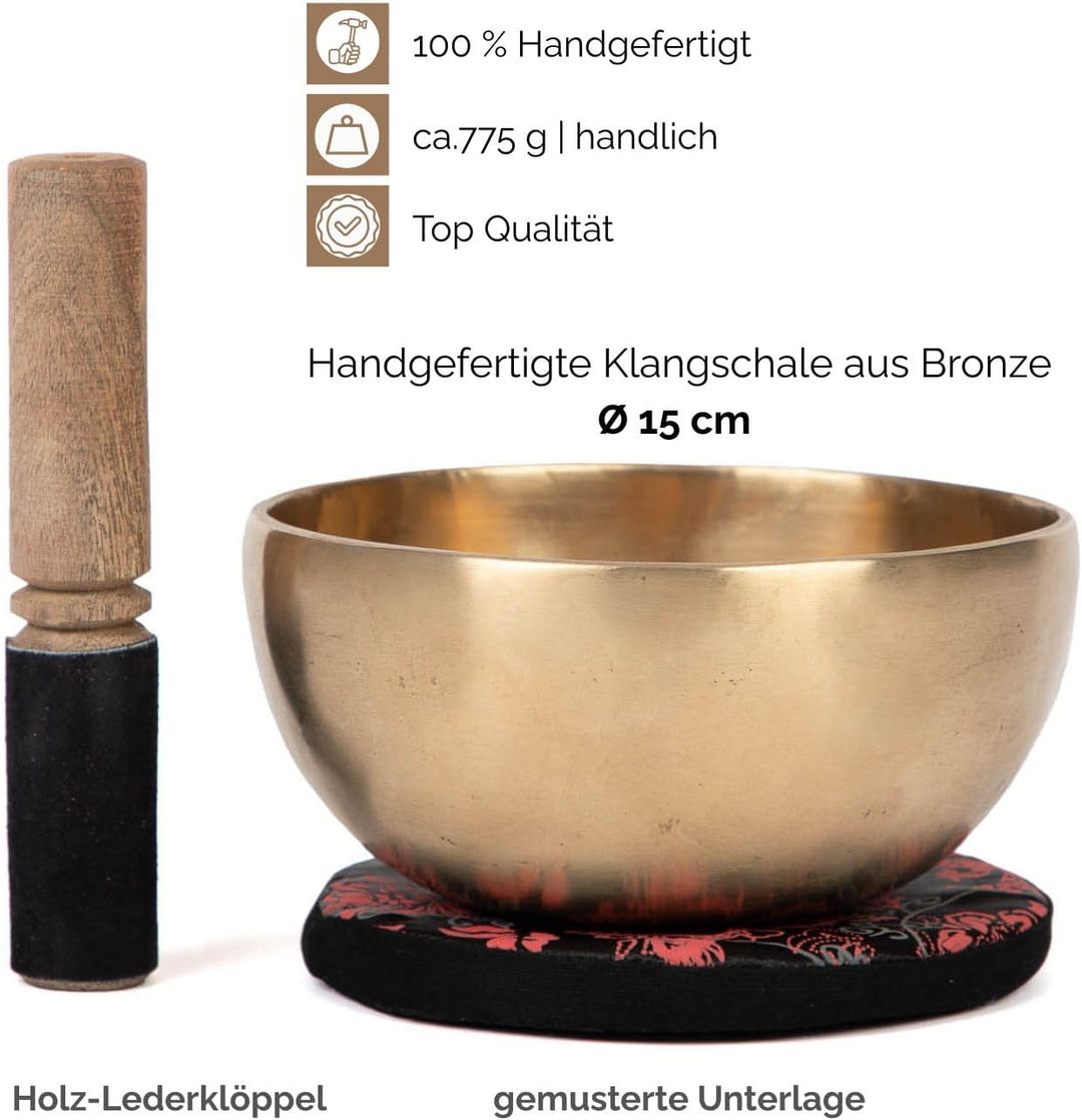 Bodhi Tibetische Klangschale Ø 15 cm | Handgefertigtes Klangschalen Set inkl. Kissen & Klöppel | Sin