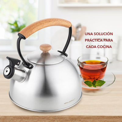 Florina Wooden Wasserkessel Induktion, Flötenkessel, Alle Herdarten, 2,3 L, Edelstahl Teekessel, Hol