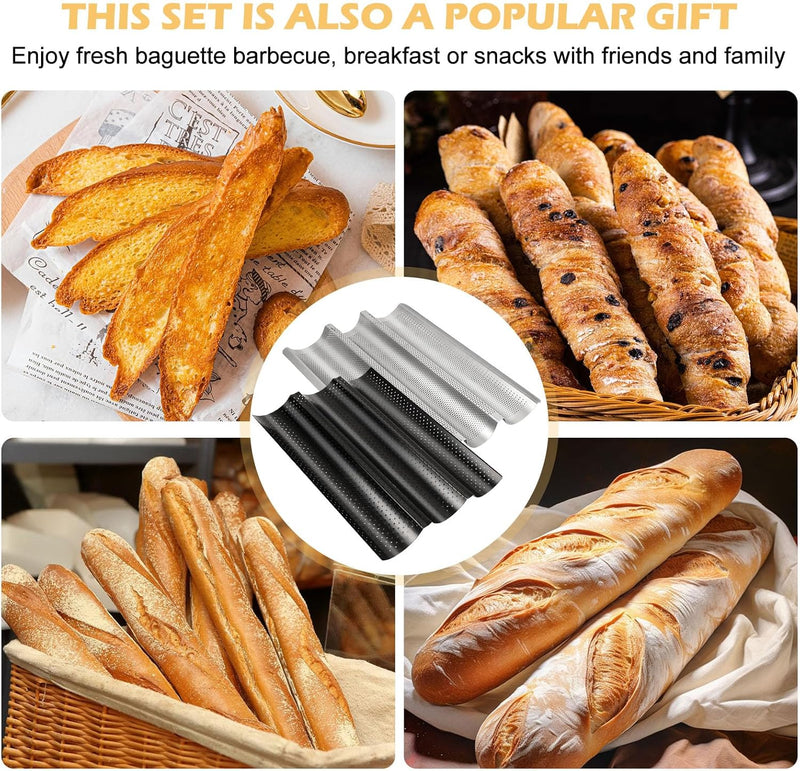 BORDEAG Baguette Backform, 2er Set Baguetteblech für 3 Baguettes mit Bäckermesser, Antihaftbeschicht