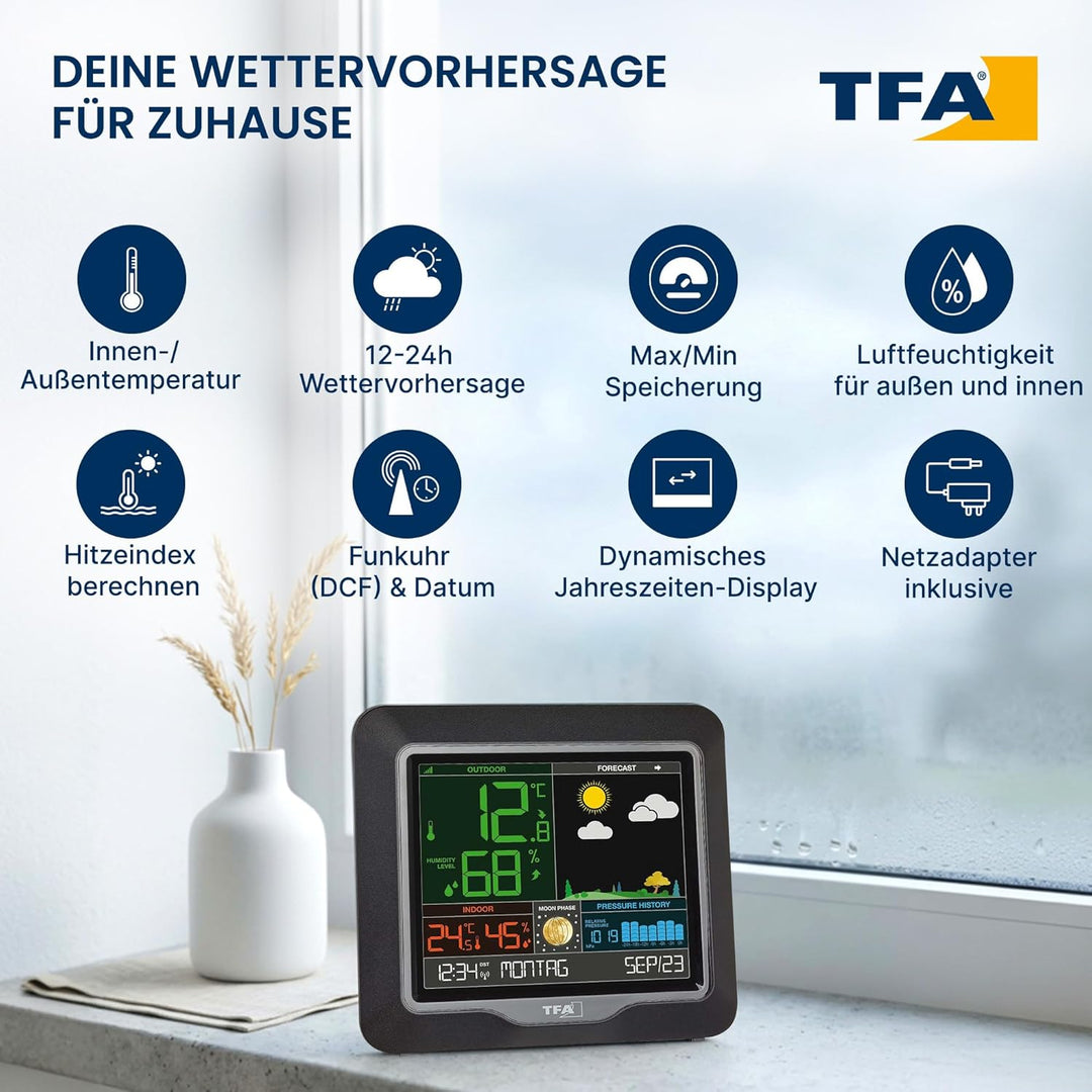 TFA Dostmann Season Funk-Wetterstation, 35.1150.01, Wetterstation Funk mit Aussensensor, Mondphasen,