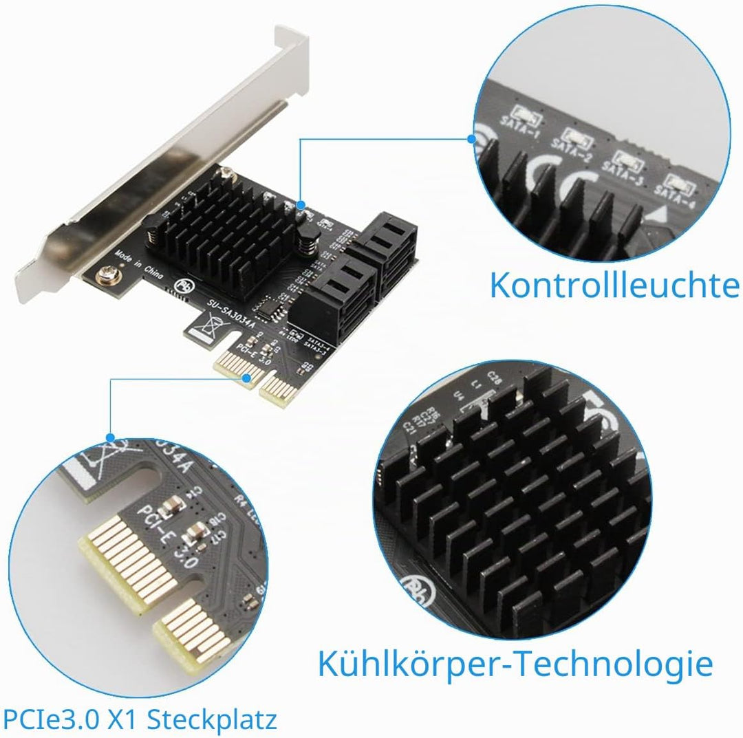 Ziyituod SATA Karte, PCIE 3.0, 4 Ports mit 4 SATA-Kabeln, SATA-Controller-Erweiterungskarte mit Low-