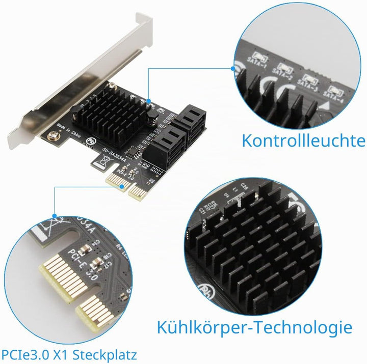 Ziyituod SATA Karte, PCIE 3.0, 4 Ports mit 4 SATA-Kabeln, SATA-Controller-Erweiterungskarte mit Low-