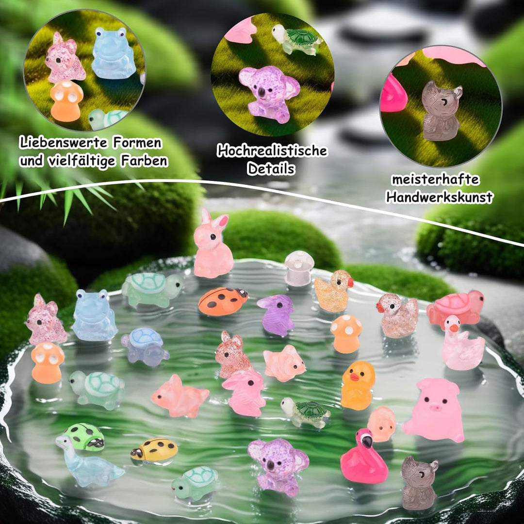160 Stück Mini Harz Tiere, Miniatur Figuren Leuchtende Bunte Kleine Tierfiguren Kaninchen Enten Dino