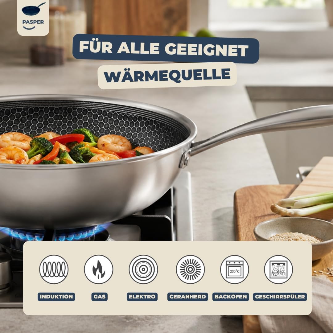 Wokpfanne Ø 28 cm – PFAS-frei – Induktion, Elektro, Keramik, Gas &amp; Backofen – Edelstahlpfanne mit kr
