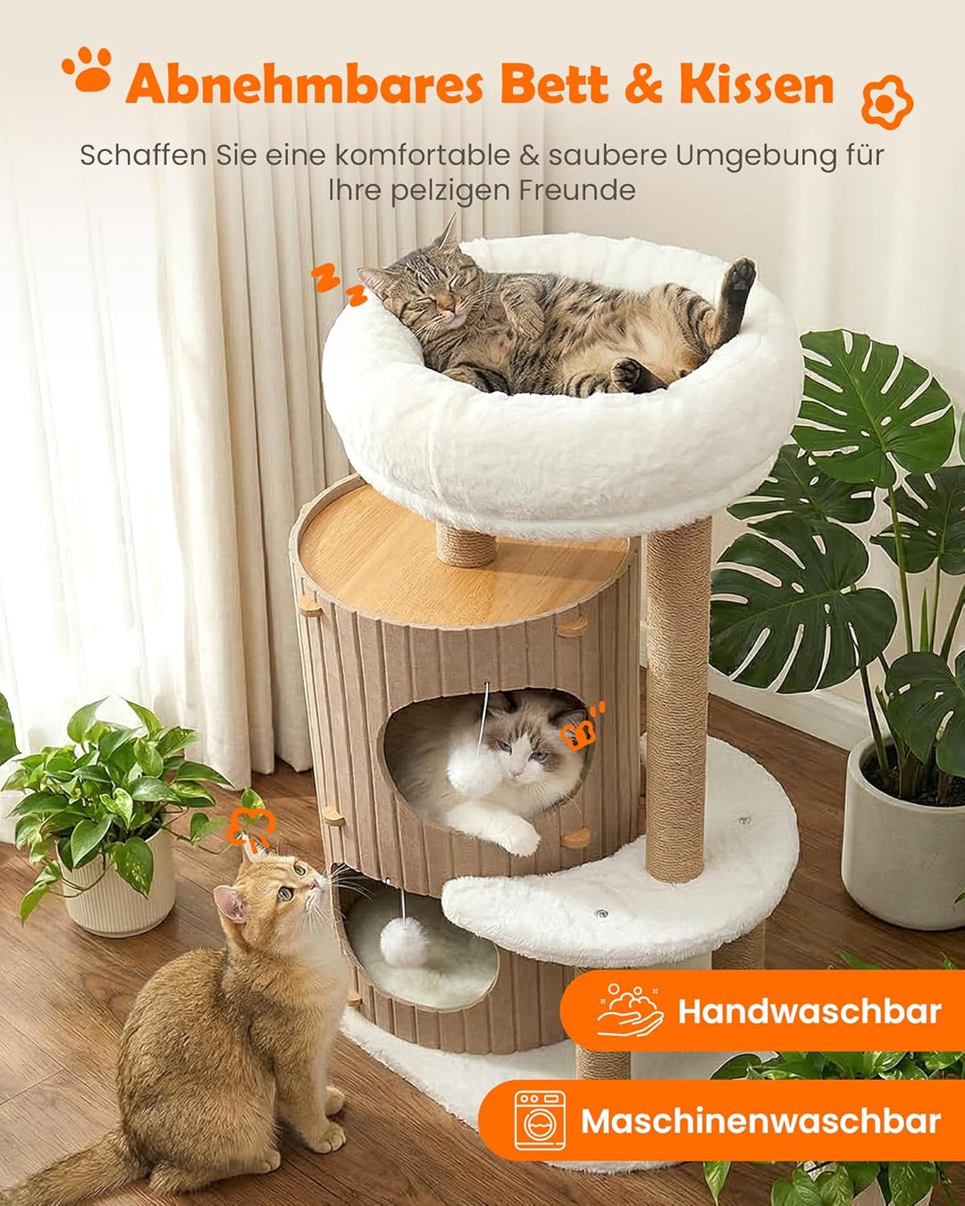 Luxus Kratzbaum mit 2-stöckiger Kratztonne | Katzenbaum mit Katzenschlafhaus, Sisalbrett,abnehmbarem